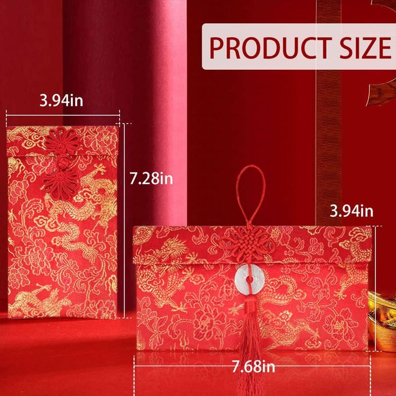 BINBE 4 Pieces Silk Red Envelope Chinese Red Pocket Lucky Money Hong Bao Card Envelope for Spring Festival Wedding New Year Birthday, 4 Styles with Chinese Knot Jade Pendant Copper Coin (4) - Image 2